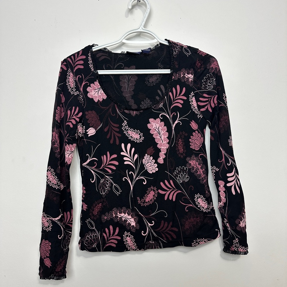 **UP to 50% OFF ** Y2K Hillard & Hanson Black Long Sleeve Top Pink Floral Print
